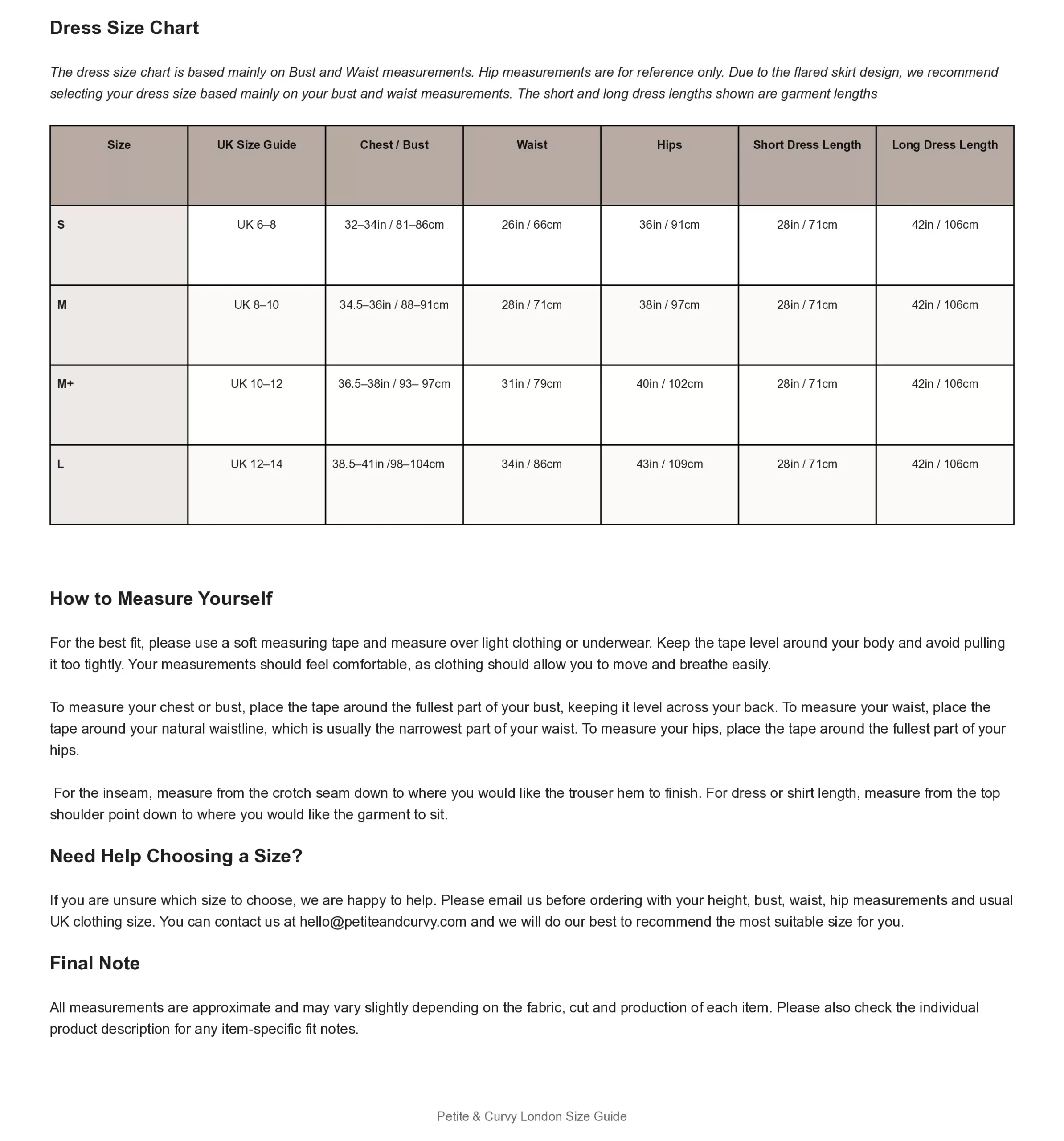 Dress size guide