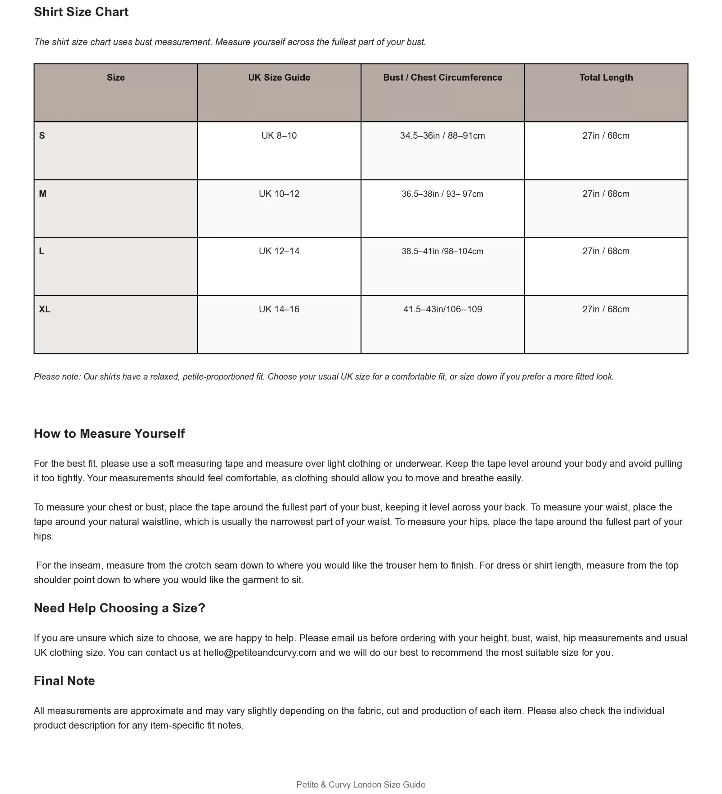 Shirt size guide